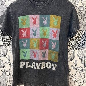 PLAYBOY Black Short Sleeve Tee with Multicolor Bunny Grid